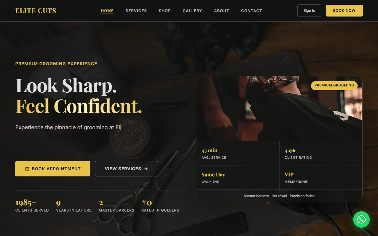 Elite Cuts Barber Studio website screenshot