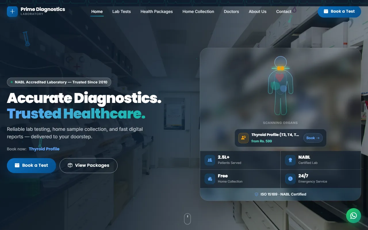 Prime Diagnostics Laboratory v2 premium website screenshot