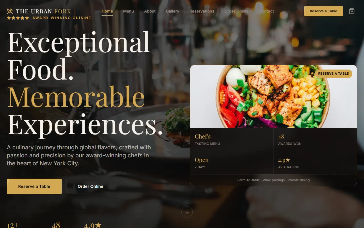 The Urban Fork restaurant website screenshot